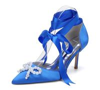 Genérico Zapatos de tacón de Aguja con Punta Puntiaguda y Tiras Elegantes para Mujer, de satén,Lazo para Fiesta de graduación o Noche,Royal Blue,37 EU