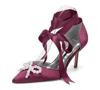 Genérico Zapatos de tacón de Aguja con Punta Puntiaguda y Tiras Elegantes para Mujer, de satén,Lazo para Fiesta de graduación o Noche,Wine Red,38 EU