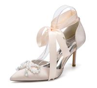 Genérico Zapatos de tacón de Aguja con Punta Puntiaguda y Tiras Elegantes para Mujer, de satén,Lazo para Fiesta de graduación o Noche,Champagne,38 EU