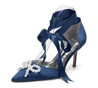 Genérico Zapatos de tacón de Aguja con Punta Puntiaguda y Tiras Elegantes para Mujer, de satén,Lazo para Fiesta de graduación o Noche,Dark Blue,38 EU