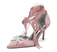 Genérico Zapatos de tacón de Aguja con Punta Puntiaguda y Tiras Elegantes para Mujer, de satén,Lazo para Fiesta de graduación o Noche,Meat Pink,38 EU
