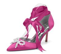 Genérico Zapatos de tacón de Aguja con Punta Puntiaguda y Tiras Elegantes para Mujer, de satén,Lazo para Fiesta de graduación o Noche,Rose Red,38 EU