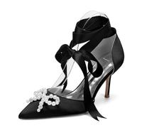 Genérico Zapatos de tacón de Aguja con Punta Puntiaguda y Tiras Elegantes para Mujer, de satén,Lazo para Fiesta de graduación o Noche,Negro,38 EU