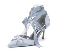 Genérico Zapatos de tacón de Aguja con Punta Puntiaguda y Tiras Elegantes para Mujer, de satén,Lazo para Fiesta de graduación o Noche,Plata,38 EU