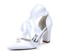 Generico Zapatos de tacón de satén con Perlas para Mujer,para Boda,Punta Puntiaguda,Baile de graduación, Sandalias de Noche,Blanca,38 EU