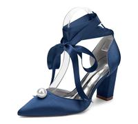 Generico Zapatos de tacón de satén con Perlas para Mujer,para Boda,Punta Puntiaguda,Baile de graduación, Sandalias de Noche,Dark Blue,40 EU
