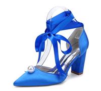 Generico Zapatos de tacón de satén con Perlas para Mujer,para Boda,Punta Puntiaguda,Baile de graduación, Sandalias de Noche,Royal Blue,38 EU