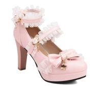 Genérico Zapatos de Tacón para Mujer Estilo Lolita de Tacón de Bloque - con Lazo y Dije de Estrella, Doble Tira en el Tobillo y Encaje para Fiestas,Rosado,42 EU