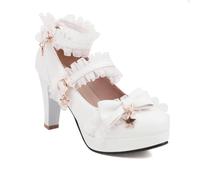 Genérico Zapatos de Tacón para Mujer Estilo Lolita de Tacón de Bloque - con Lazo y Dije de Estrella, Doble Tira en el Tobillo y Encaje para Fiestas,Blanca,35 EU