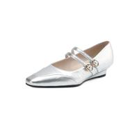 Genérico Zapatos Mary Jane Mujer Doble Correa Punta Cuadrada Hebilla Dorada Decorativa Tacón Cuña Bajo Metalizado Zapatos Casual de Vestir para Día a Día con Estilo Clásico,Plata,39 EU