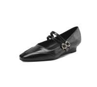 Genérico Zapatos Mary Jane Mujer Doble Correa Punta Cuadrada Hebilla Dorada Decorativa Tacón Cuña Bajo Metalizado Zapatos Casual de Vestir para Día a Día con Estilo Clásico,Negro,40 EU