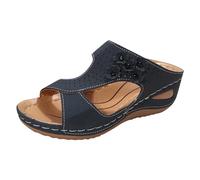 Genérico Zapatos Mujer Comodos Vestir Zapatillas verano m da uela gruesa Tacón Cuña punta abierta transpirables ligeras sin cordones cómodas flores estampado (Navy, 39)