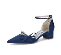Genérico Zapatos Mujer Novia Satén Lazo Y Cristales Punta Fina Tacón Grueso Correa Al Tobillo Elegantes Fiesta Boda Graduación,Armada,36 EU