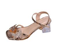 Genérico Zapatos Mujer Sandalias de tacón grueso con ariposa y pedrería para mujer. Sandalias de tacón lto con tiras y transparente cristal a la da (Gold, 37)