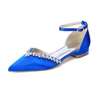 Genérico Zapatos Mujer Satén Cristal Forma V Punta Fina Tacón Bajo Correa Al Tobillo Elegantes Fiesta Boda Graduación Noche,Azul,39 EU