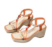Genérico Zapatos Mujer Tacon Sandalias Confort Pies Anchos Sandalias de Mujer Estilo Étnica Casuales Elásticas Sandalia Plana Sandalia Tacon Bajo (Orange,35)