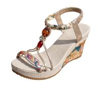 Genérico Zapatos Mujer Verano Sandalias de cuña cómodas puntera redonda para mujer, estilo bohemio, con trenzas y perlas, punta abierta y plataforma. Sandalias mujer verano plantillas de cuña, rojo
