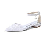 Genérico Zapatos Planos de Mujer Punta Fina Encaje Mesh satén 2,5cm tacón bajo Hebilla Perlas para Boda, Oficina y Eventos nocturnos,Blanca,39 EU