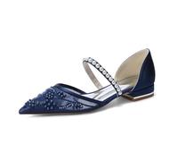 Genérico Zapatos Planos de Mujer Tira de Perlas Encaje Mesh 2,5cm tacón bajo Punta Fina satén para Boda, Oficina y Noche,Azul,39 EU