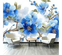 Générique Papel pintado panorámico con flores de acuarela - pintura de pared no tejida perfecta para sala de estar dormitorio y habitación infantil, ramas flores azules decoración de pared interior