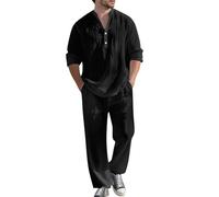 Générique Traje de Otoño de Lino para Hombre Conjunto Casual para Vacaciones Camisa con Cuello en V Abotonada Holgada y Transpirable de Manga Larga, y Pantalones Estilo Urbano, Negro , L