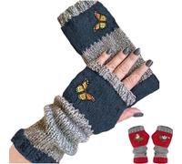 Générique Women’s Knitted Fingerless Gloves with Cute Cat Embroidery,Warm Splicing Fashion Leaky Finger Mittens with Thumb Hole (F)