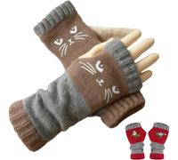 Générique Women’s Knitted Fingerless Gloves with Cute Cat Embroidery,Warm Splicing Fashion Leaky Finger Mittens with Thumb Hole (E)