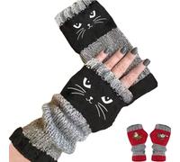 Générique Women’s Knitted Fingerless Gloves with Cute Cat Embroidery,Warm Splicing Fashion Leaky Finger Mittens with Thumb Hole (G)