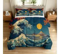 Generisch 135 x 200 cm 4 estaciones edredón sin funda japonesa Ukiyo-e, lavable, transpirable, suave - Ondas Montaña Fuji luna llena hojas de arce velero verano manta para alérgicos