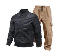 Generisch 2024 Colección Invierno Moderna Chaqueta Aviadora para Hombre con Pantalones Diseño Funcional de Dos Piezas Traje de Fuerza Aérea a Prueba de Viento para Actividades, Negro , S