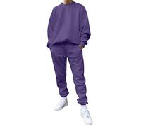 Generisch 2025- Casual sólido de dos piezas con cuello en O con mangas sin hombros sudadera con cordón conjunto pantalones yoga, morado, L