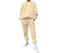 Generisch 2025 Casual sólido de dos piezas con cuello redondo manga sin hombros sudadera con cordón conjunto pantalones yoga, beige, L