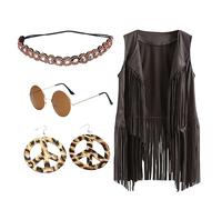 Generisch 2025 Chaleco étnico sin mangas con borlas de invierno con flecos chaleco cárdigan chaleco diadema gafas pendientes mujer cárdigan M, gris oscuro, XXL