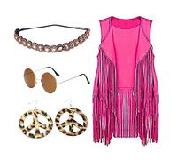 Generisch -2025 Chaleco étnico sin mangas de invierno con borlas con flecos chaleco cárdigan chaleco diadema gafas pendientes mujer cárdigan M, Rosa intenso., XXL