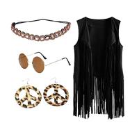Generisch -2025 Chaleco étnico sin mangas de invierno con borlas con flecos chaleco cárdigan chaleco diadema gafas pendientes mujer cárdigan M, Negro , XXL