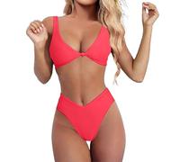 Generisch 2025 - Conjunto de Bikini Mujer Color Sólido Cuello en V Nudo Delantero Push Up Tanga con Cuello Alto Bikini Traje de Baño Dos Piezas Mini Tops Hombre, Rojo sandía, M