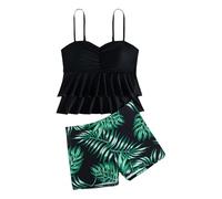 Generisch 2025 Conjunto de traje de baño de estilo tropical para niños grandes y niñas con cuello con volantes, parte superior y pantalones cortos para niños, Negro , 11