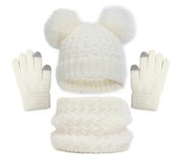 Generisch | 2025 guantes conjunto bufanda niñas niños pequeños sombreros con pom punto calentador de cuello polaina mitones forro polar conjunto capucha negra, Blanco, 1-6 años