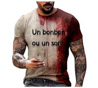 Generisch 2025 Halloween Francia Tema Casual Cuello Redondo Gráfico de sangre de gran tamaño Impreso Color sólido manga corta suéter de hombre con encaje, beige, XL