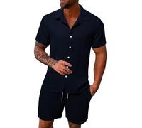 Generisch 2025 Hombres Primavera Verano Ocio Deportes Cómodos Transpirables Absorben el Sudor Pantalones Cortos de Manga Corta Conjunto Dos Piezas Elegante Hombre, marine, 3XL