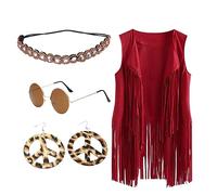 Generisch | 2025 Invierno étnico sin mangas borlas chaleco con flecos chaleco cárdigan chaleco diadema gafas pendientes mujer cárdigan M, rojo, XL