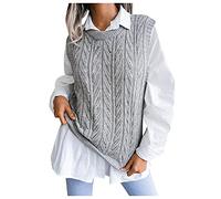 Generisch 2025 Jersey Chaleco Moda Retro Patrón Geométrico Cuello Redondo Suéter Sin Mangas Suéter De Punto Conjunto Mujer, gris, S