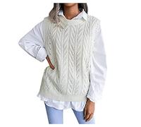 Generisch 2025 Jersey Chaleco Moda Retro Patrón Geométrico Cuello Redondo Suéter Sin Mangas Suéter De Punto Conjunto Mujer, Blanco, S