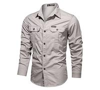Generisch -2025 Masculino -Invierno Color Sólido Algodón De Un solo Botonadura Doble Bolsillo Camisa Militar Lavado de Manga Larga Camisa de Verano Flores Rojo Hombres, beige, XL