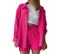 Generisch 2025 Mujeres Solid Spring Wrinkle Camiseta de Manga Larga Cintura Alta Cintura Cordones Pantalones Cortos Gran Moda Casual Conjunto Pantalones de Dormir Navidad Señoras, Rosa intenso., XXL