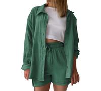 Generisch 2025 Mujeres Solid Spring Wrinkle Camiseta de Manga Larga Cintura Alta Cintura Cordones Pantalones Cortos Gran Moda Casual Conjunto Pantalones de Dormir Navidad Señoras, Verde oscuro., S