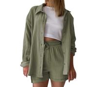 Generisch 2025 Mujeres Solid Spring Wrinkle Camiseta de Manga Larga Cintura Alta Cintura Cordones Pantalones Cortos Gran Moda Casual Conjunto Pantalones de Dormir Navidad Señoras, Verde militar., L