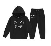 Generisch 2025 Niños Niñas Manga Larga Dibujos Animados Estampados Cálida Sudadera con Capucha Tops Pantalones Niños Trajes Chándal Mono Conjunto Recién Nacido, Negro , 10-11 años
