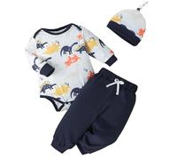 Generisch 2025: ropa para niños trajes dinosaurios estampado algodón manga larga mameluco pantalones sombrero 3PCS conjuntos de cosas para bebés para niñas, azul, 3-6 meses