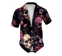 Generisch 2025 Tema de Halloween Casual Cuello Redondo Sangre Gráfico Grande Camisa Corta Impreso Camisa de un solo pecho para hombre con bolsillo, Rosa intenso., M